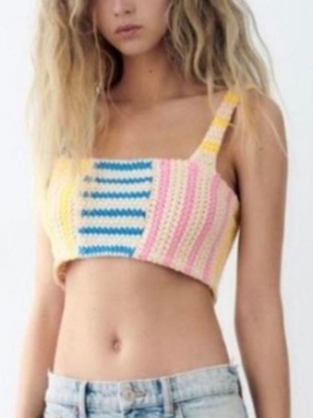 ZARA Hand-Crocheted Striped Crop Top in Blue, Pink, Yellow, and Cream! NWT! S